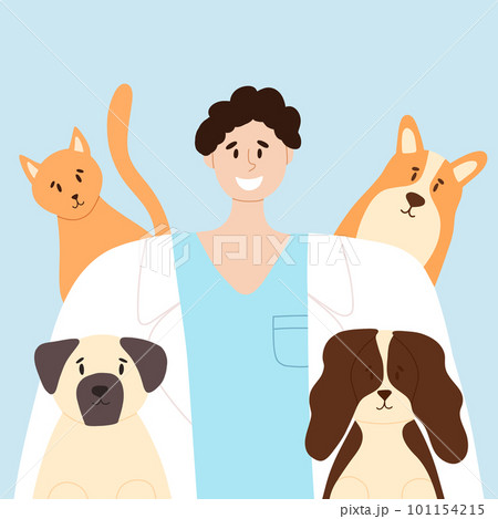 Happy veterinarian with happy cat and dogs. Animal care vector illustration. Flat style. Man veterinary doctor.Banner to 101154215