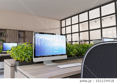 3D office interior, work place, computers, tables and cabinets. 3D office interior, work place, computers, tables and cabinets. 101154418