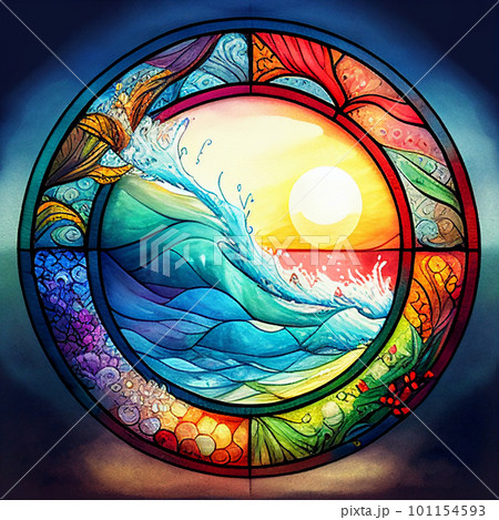 夏の海をイメージした美しいステンドグラス風背景イラスト AI画像の