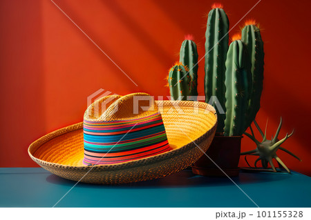 Cinco de Mayo holiday background. Mexican cactus and party sombrero hat on red orange background. Generative AI illustration 101155328