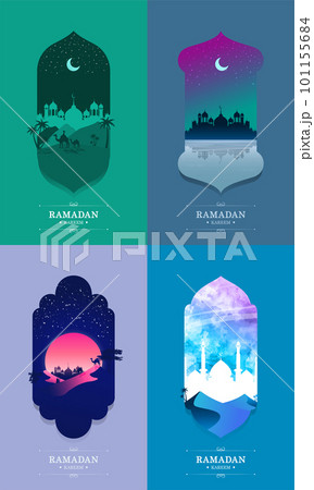 Flat Wonderful Ramadan Kareem background template set with for instagram stories and greetings card. 101155684