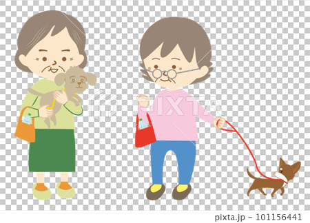 ペットの小型犬の散歩の途中で、ご近所さんと会話を楽しむシニアの女性 101156441