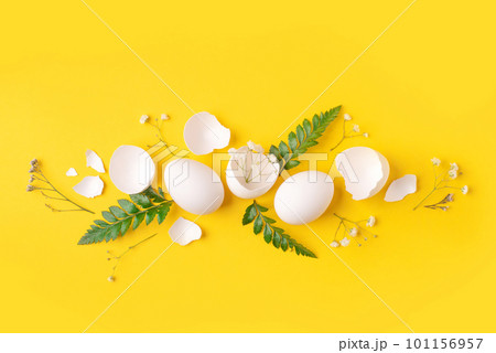 Minimalistic Easter background. White Easter eggs, shells and flowers on a bright yellow background. Card with a place for text. Top view. 101156957