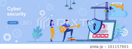 Cyber security landing page with people characters. Cybersecurity assistance provider web banner. Password verification vector illustration. Flat concept great for social media promotional materials. 101157601