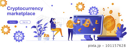 Cryptocurrency marketplace landing page with people. Blockchain technology web banner. Cryptocurrency trading platform vector illustration. Flat concept great for social media promotional materials. 101157628