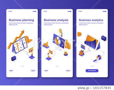 Business analytics isometric GUI design kit. Business planning, financial analysis templates for mobile app. Market research UI UX onboarding screens. Vector illustration with tiny people characters. Business analytics isometric GUI design kit. Business planning, financial analysis templates for mobile app. Market research UI UX onboarding screens. Vector illustration with tiny people characters. 101157835