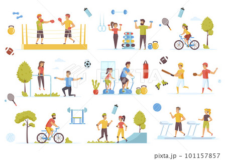 Sports activities bundle of flat scenes. Fitness and outdoor workout isolated set. Boxer, cyclist, runner, treadmill, roller skates, barbell, gym, baseball player elements. Cartoon vector illustration 101157857
