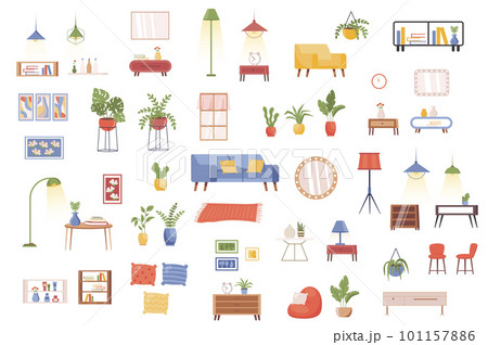 Interior decor bundle of flat scenes. House interior objects isolated set. Flower pot, armchair, bed, lamp, wardrobe, couch, mirror, clock, vase elements. Home furniture cartoon vector illustration. Interior decor bundle of flat scenes. House interior objects isolated set. Flower pot, armchair, bed, lamp, wardrobe, couch, mirror, clock, vase elements. Home furniture cartoon vector illustration. 101157886