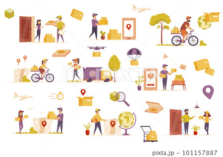 Delivery service bundle of flat scenes. Couriers holding parcels isolated set. Smartphone with app, deliveryman carrying boxes, transport elements. Express delivery at home cartoon vector illustration 101157887