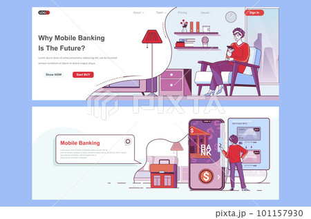 Mobile banking landing page set. Money transaction, manage and payment corporate website. Flat line vector illustration with people characters. Web concept use as header, footer or middle content. 101157930