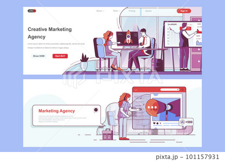 Creative marketing agency landing page set. Marketing strategy, PR service corporate website. Flat line vector illustration with people characters. Web concept use as header, footer or middle content 101157931