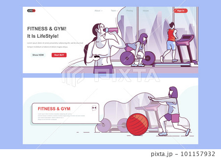 Fitness gym landing page set. Sports club, workout and training space corporate website. Flat line vector illustration with people characters. Web concept use as header, footer or middle content. 101157932