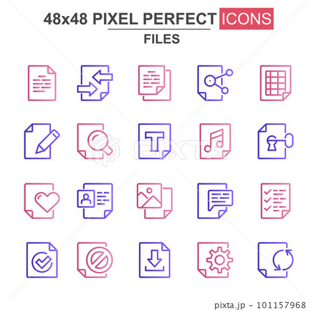Files thin line icon set. Document lock, edit, delete, processing, search, preferences, media content unique icons. Outline vector bundle for UI UX design. 48x48 pixel perfect linear pictogram pack. 101157968