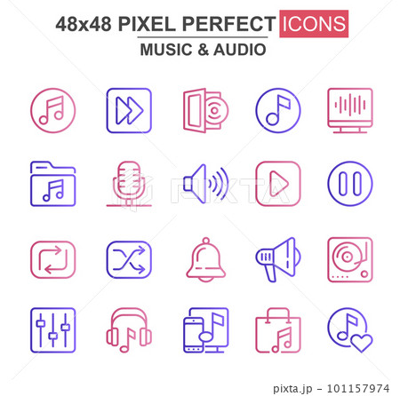 Music and audio thin line icon set. Player, mixer, equalizer, headphone, loudspeaker, record, microphone unique icons. Outline vector bundle for UI UX design. 48x48 pixel perfect linear pictogram pack Music and audio thin line icon set. Player, mixer, equalizer, headphone, loudspeaker, record, microphone unique icons. Outline vector bundle for UI UX design. 48x48 pixel perfect linear pictogram pack 101157974