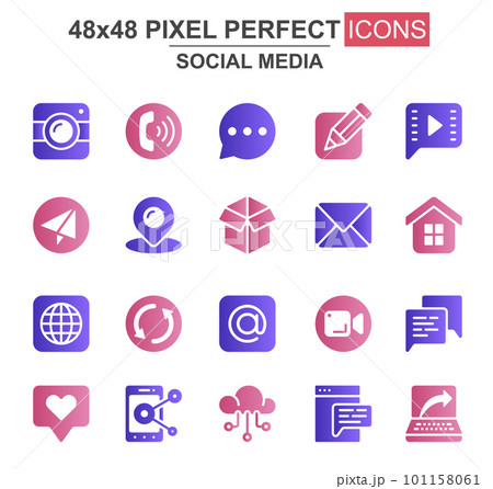 Social media glyph icon set. Message, call, chat, mail, smartphone, pinpointer, like, camera, cloud storage unique icons. Flat vector bundle for UI UX design. 48x48 pixel perfect GUI pictograms pack. Social media glyph icon set. Message, call, chat, mail, smartphone, pinpointer, like, camera, cloud storage unique icons. Flat vector bundle for UI UX design. 48x48 pixel perfect GUI pictograms pack. 101158061