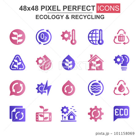 Ecology and recycling glyph icon set. Renewable sources, power generation, green energy, waste recycling unique icons. Flat vector bundle for UI UX design. 48x48 pixel perfect GUI pictograms pack. 101158069