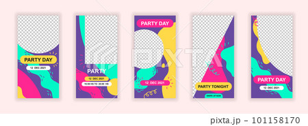 Party event editable templates set for Instagram stories. Party tonight, fun and celebration layouts. Colorful design for social networks. Insta story mockup with free copy space vector illustration. 101158170