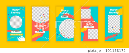 Birthday party editable templates set for Instagram stories. Happy birthday congratulation layout. Bright design for social networks. Insta story mockup with free copy space vector illustration. 101158172