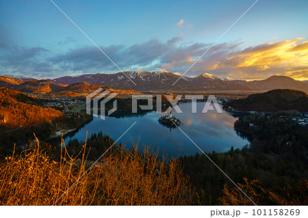 Aerial view of Lake Bled and Julian Alps, with Pilgrimage Church of the Assumption of Maria at sunrise, Slovenia 101158269