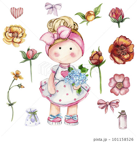 Watercolor hand drawn cute doll Tilda with flower.Hand drawn watercolor illustration isolated on white.Designf for baby shower party,birthday,cake,holiday celebration design,greetings card,invitation. Watercolor hand drawn cute doll Tilda with flower.Hand drawn watercolor illustration isolated on white.Designf for baby shower party,birthday,cake,holiday celebration design,greetings card,invitation. 101158526