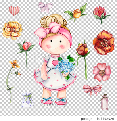 Watercolor hand drawn cute doll Tilda with flower.Hand drawn watercolor illustration isolated on white.Designf for baby shower party,birthday,cake,holiday celebration design,greetings card,invitation. Watercolor hand drawn cute doll Tilda with flower.Hand drawn watercolor illustration isolated on white.Designf for baby shower party,birthday,cake,holiday celebration design,greetings card,invitation. 101158526