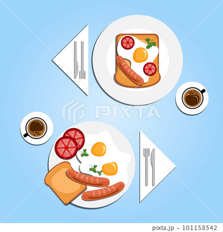 Served breakfast for two. Fried eggs with tomato, toast, sausage, and parsley on two plates with two cups of coffee isolated on a blue background. Top view paper cut out vector illustration 101158542