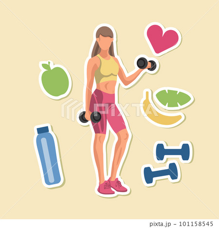 Stickers of faceless fitness Caucasian woman in sportswear standing and doing a workout with dumbbells and fitness elements. Vector illustration 101158545