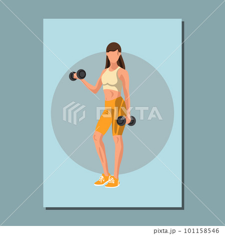 Fitness poster with a Caucasian woman in sportswear standing and doing a workout with dumbbells on blue background. Vector illustration Fitness poster with a Caucasian woman in sportswear standing and doing a workout with dumbbells on blue background. Vector illustration 101158546