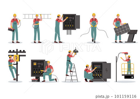 Vector illustration set of electrical workers. Illustration for website, landing page, mobile app, poster and banner. Trendy flat vector illustration	 101159116
