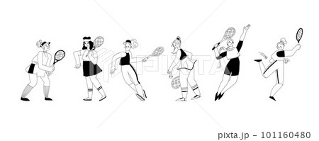 Set of tennis players in sportswear with rackets and balls in their hands. Collection of linear black and white images. 101160480