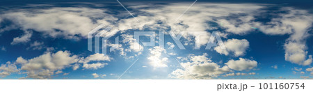 Blue sky panorama with puffy Cumulus clouds. Seamless hdr pano in spherical equirectangular format. Sky dome or zenith for 3D visualization, game and sky replacement for aerial drone 360 panoramas. 101160754