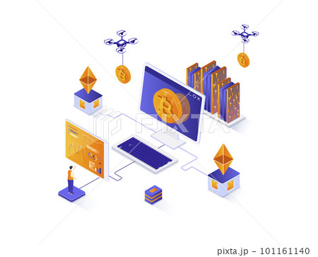 Cryptocurrency technology isometric web banner. Cryptography and blockchain fintech solution isometry concept. Cryptocurrency mining software 3d design. Illustration with people characters. Cryptocurrency technology isometric web banner. Cryptography and blockchain fintech solution isometry concept. Cryptocurrency mining software 3d design. Illustration with people characters. 101161140