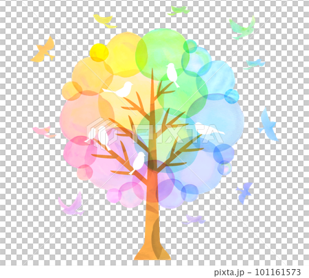 カラフルな木と小鳥たち 水彩 虹色 カラフルな木と小鳥たち 水彩 虹色 101161573