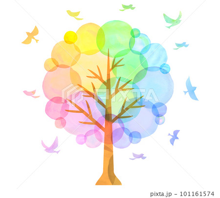 カラフルな木と小鳥たち 水彩 虹色 101161574