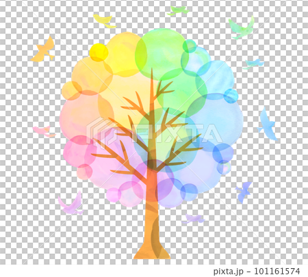 Colorful trees and small birds watercolor rainbow color 101161574