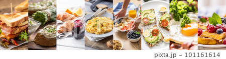 Different type of breakfasts in a mixture of pictures for the morning meals food concept 101161614