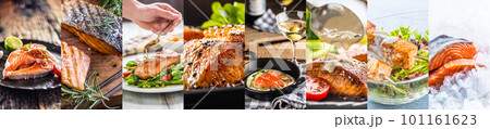 Salmon meals food concept of finished dishes displayed in a banner format collage 101161623