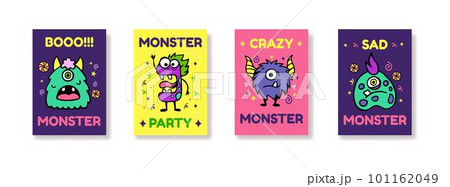 Crazy funny monsters, cute posters. Boy or girl t-shirt prints, graphic quotes, cool creative stickers with slogan, urban apparel, scary horn toys, halloween mutants. Vector tidy tiny cartoon set 101162049