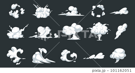 Cartoon clouds, dust smoke, wind stream. Comic effect of explosion, fire puff, elements of trail and movement. Dust and mist isolated design objects collection. White silhouette vector recent flat set 101162051