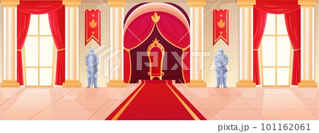 Royal kingdom hall. Castle interior. Ballroom in medieval palace. Queen or king throne. Elegant tapestry. Window and red curtains. Knights armor. Imperial armchair. Vector cartoon recent background Royal kingdom hall. Castle interior. Ballroom in medieval palace. Queen or king throne. Elegant tapestry. Window and red curtains. Knights armor. Imperial armchair. Vector cartoon recent background 101162061