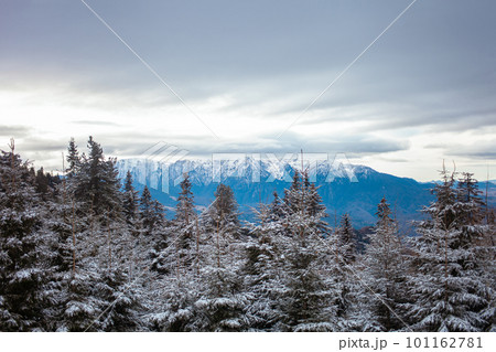 Beautiful view of forest and mountains, winter, screensaver and background, copy space Beautiful view of forest and mountains, winter, screensaver and background, copy space 101162781