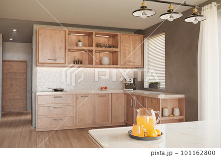 3D render interior kitchen, wooden cabinets, dining table, decorations and food. realism 3D render interior kitchen, wooden cabinets, dining table, decorations and food. realism 101162800