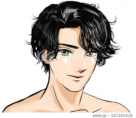 少女漫画風イケメン黒髪パーマの半裸男性がカメラ目線でじっと見つめるカラーイラスト 101162816
