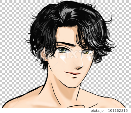少女漫画風イケメン黒髪パーマの半裸男性がカメラ目線でじっと見つめるカラーイラスト 101162816
