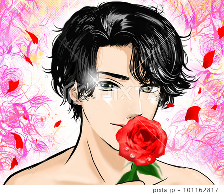 少女漫画風イケメン黒髪パーマの半裸男性が薔薇の花を手に誘惑するカラーイラスト 101162817