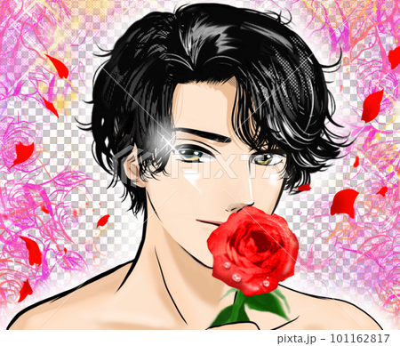 少女漫画風イケメン黒髪パーマの半裸男性が薔薇の花を手に誘惑するカラーイラスト 101162817