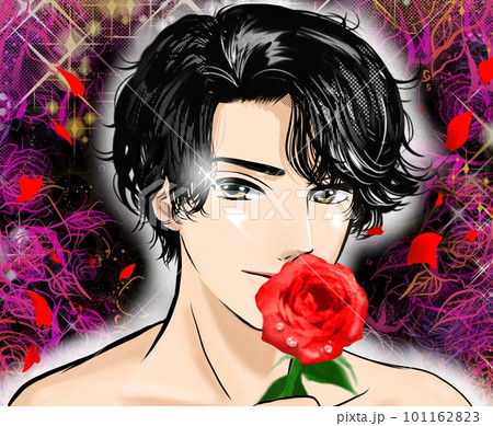 少女漫画風イケメン黒髪パーマの半裸男性が薔薇の花を手に誘惑するカラーイラスト 101162823