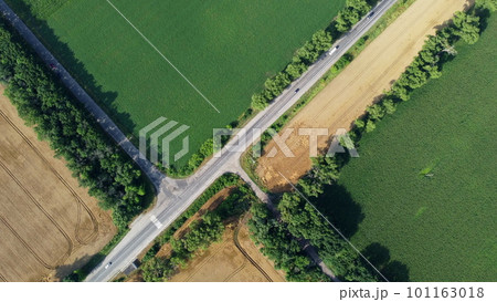 Automobile asphalt road with cars driving along it between agricultural fields with yellow ripened wheat and different green agricultural crops. Aerial drone view. Agricultural agrarian crop landscape Automobile asphalt road with cars driving along it between agricultural fields with yellow ripened wheat and different green agricultural crops. Aerial drone view. Agricultural agrarian crop landscape 101163018