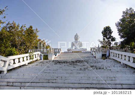 Wat Phra That Mae Yen, or Big White Buddha is huge white Buddha stands on a hill with 353 steps, in Pai, popular tourist destination in Thailand. 101163215