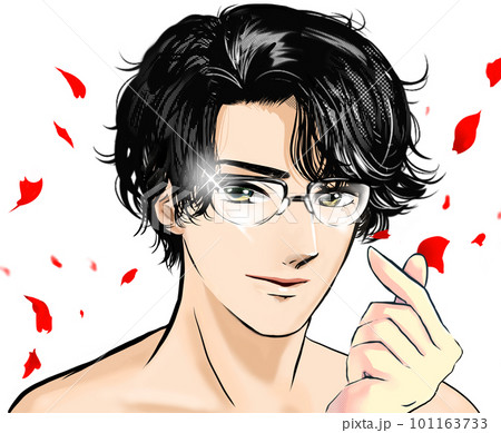少女漫画風イケメン黒髪パーマ、メガネ姿の半裸男性が誘惑するカラーイラストと花吹雪背景 101163733